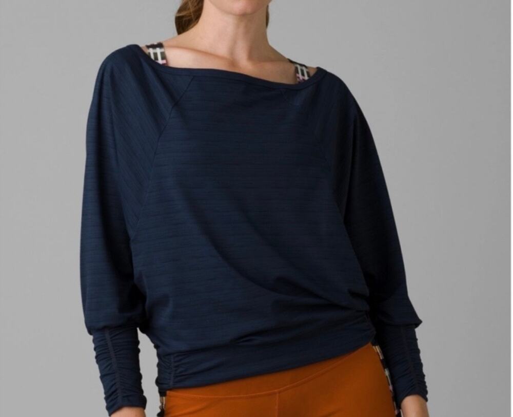 Prana Women’s Ridgeview Top Blue Striped Boatneck Raglan Sleeves size Large